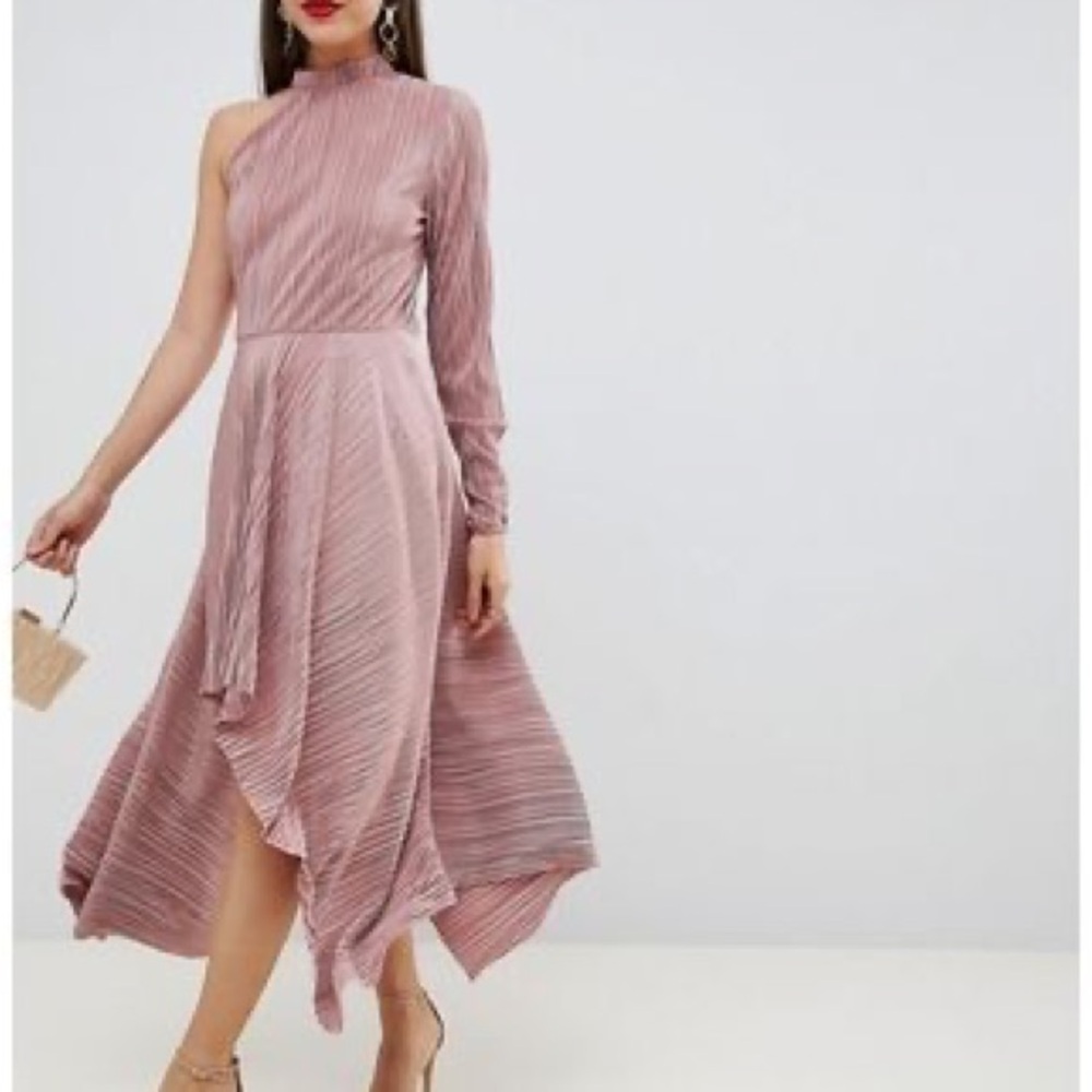 ASOS One-Shoulder Pleated Midi Dress in Blush Pink